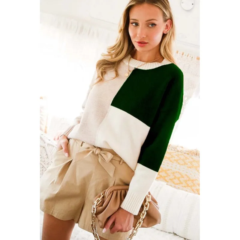 Long Sleeve Drop Shoulder Color Block Sweater Top