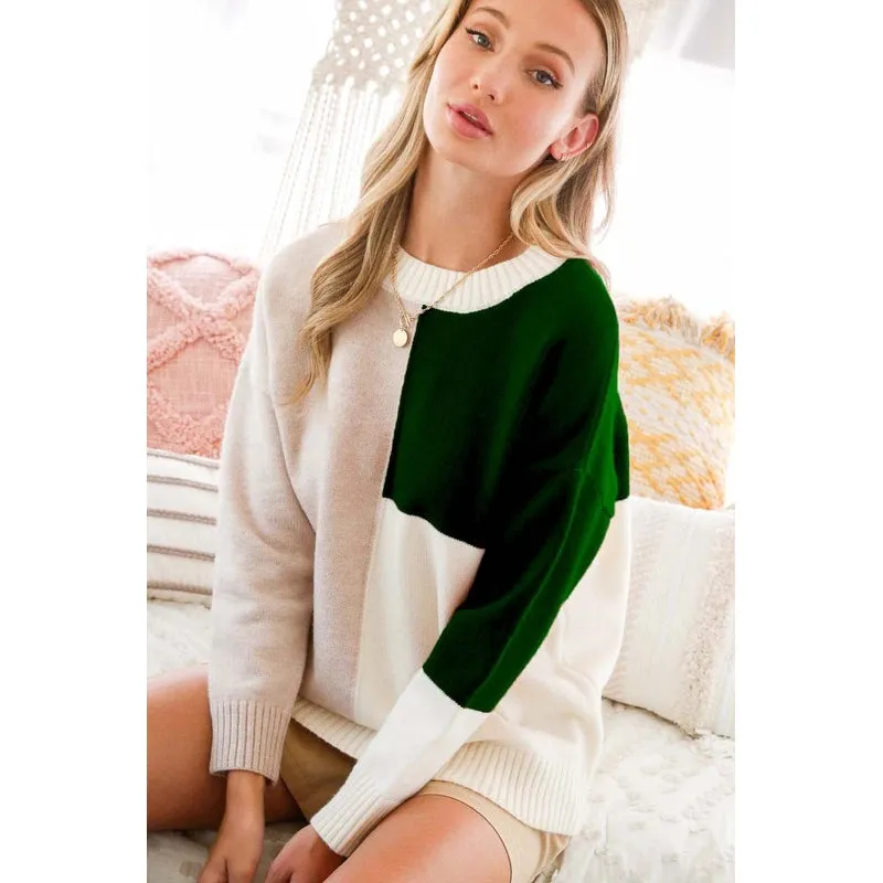 Long Sleeve Drop Shoulder Color Block Sweater Top