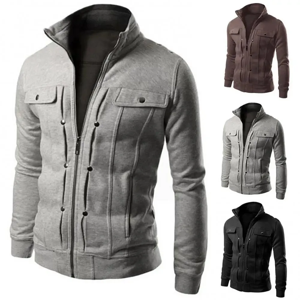 Men's Casual Zip-Up Winter Jacket with Stand-Up Collar and Buttoned Pockets
