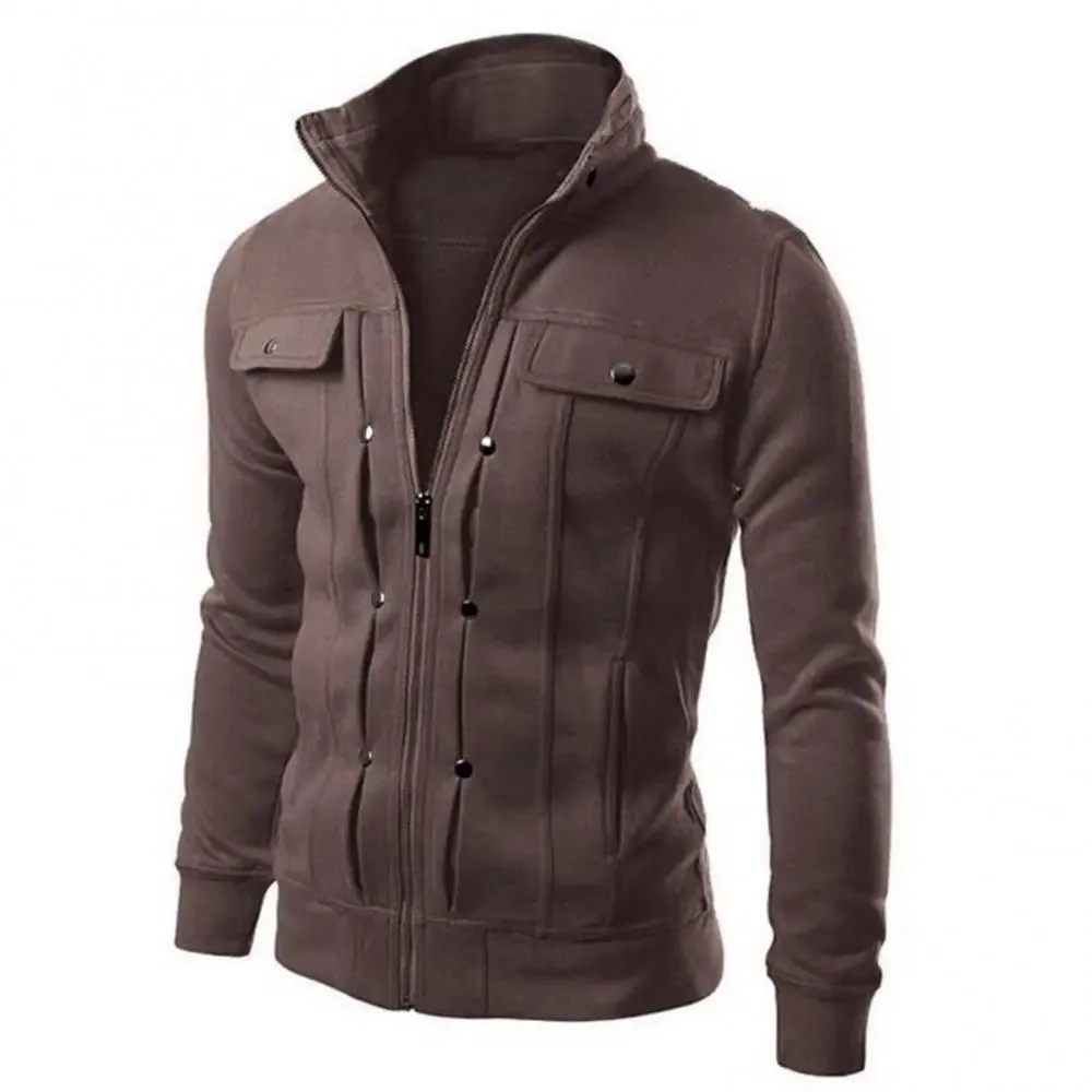Men's Casual Zip-Up Winter Jacket with Stand-Up Collar and Buttoned Pockets