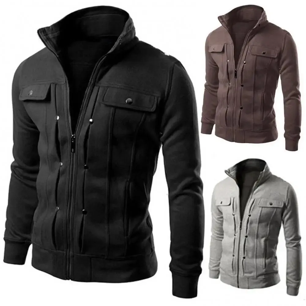Men's Casual Zip-Up Winter Jacket with Stand-Up Collar and Buttoned Pockets