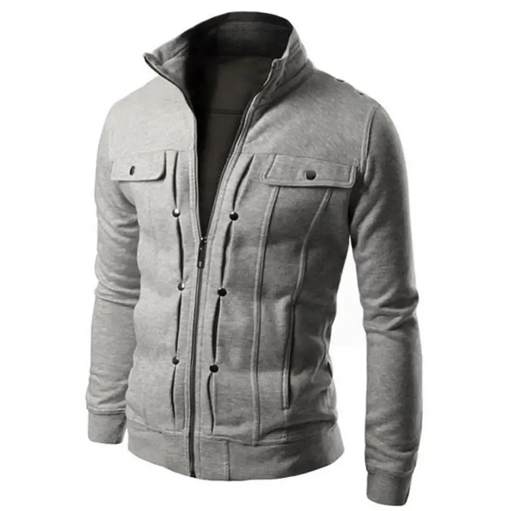 Men's Casual Zip-Up Winter Jacket with Stand-Up Collar and Buttoned Pockets
