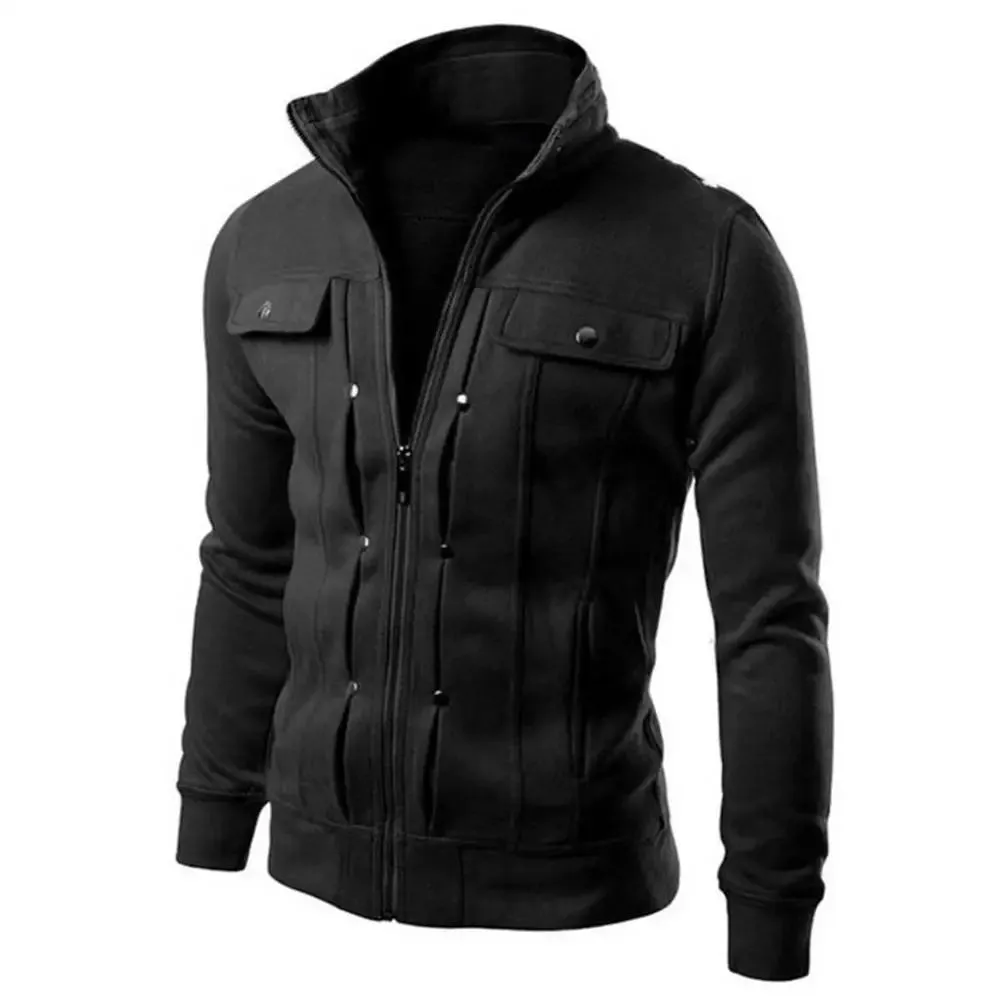 Men's Casual Zip-Up Winter Jacket with Stand-Up Collar and Buttoned Pockets