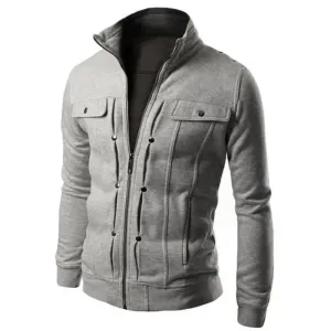 Men's Casual Zip-Up Winter Jacket with Stand-Up Collar and Buttoned Pockets