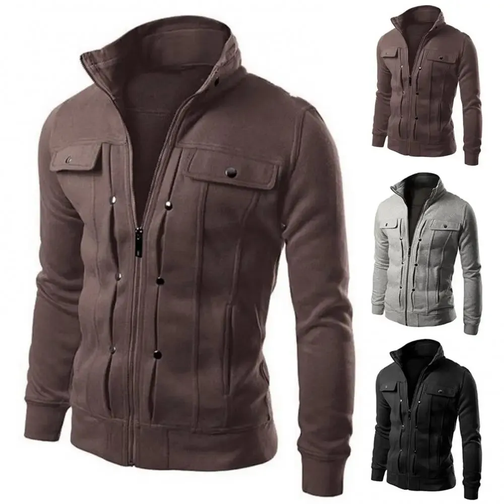 Men's Casual Zip-Up Winter Jacket with Stand-Up Collar and Buttoned Pockets