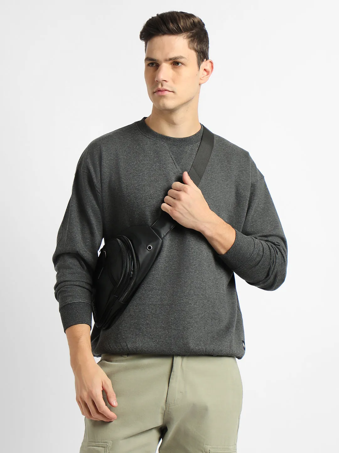 Men's Mock Neck Relaxed Fit Solid Dark Grey Sweatshirt