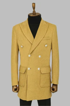 Metal Buttons Wool Cashmere Tan Men Double Breasted Coat - Wessi