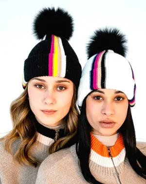 Mitchie's Matchings | Modern Stripes Knitted Hat with Fox Fur Pom | Women's