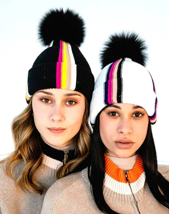 Mitchie's Matchings | Modern Stripes Knitted Hat with Fox Fur Pom | Women's