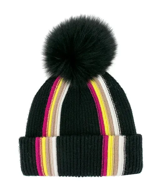 Mitchie's Matchings | Modern Stripes Knitted Hat with Fox Fur Pom | Women's