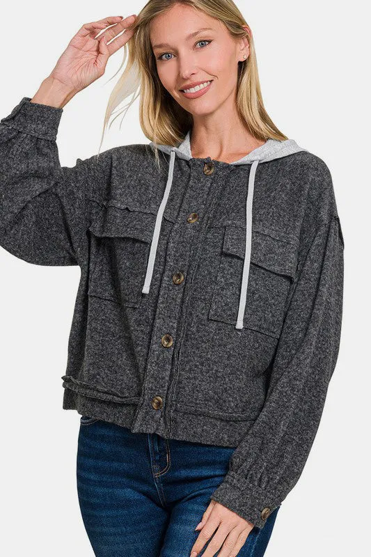 MQTIME  -  Zenana Brushed Hacci Button Down Drawstring Hooded Shacket