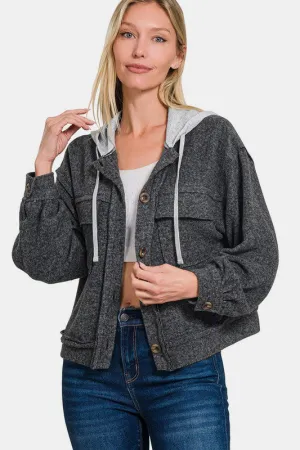 MQTIME  -  Zenana Brushed Hacci Button Down Drawstring Hooded Shacket