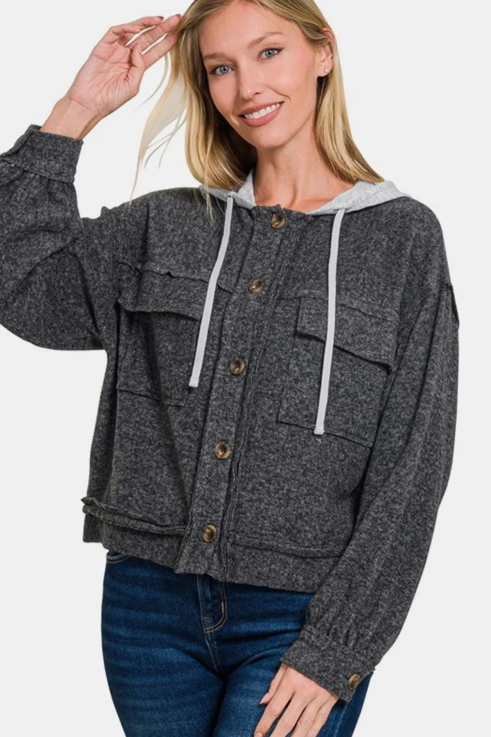 MQTIME  -  Zenana Brushed Hacci Button Down Drawstring Hooded Shacket