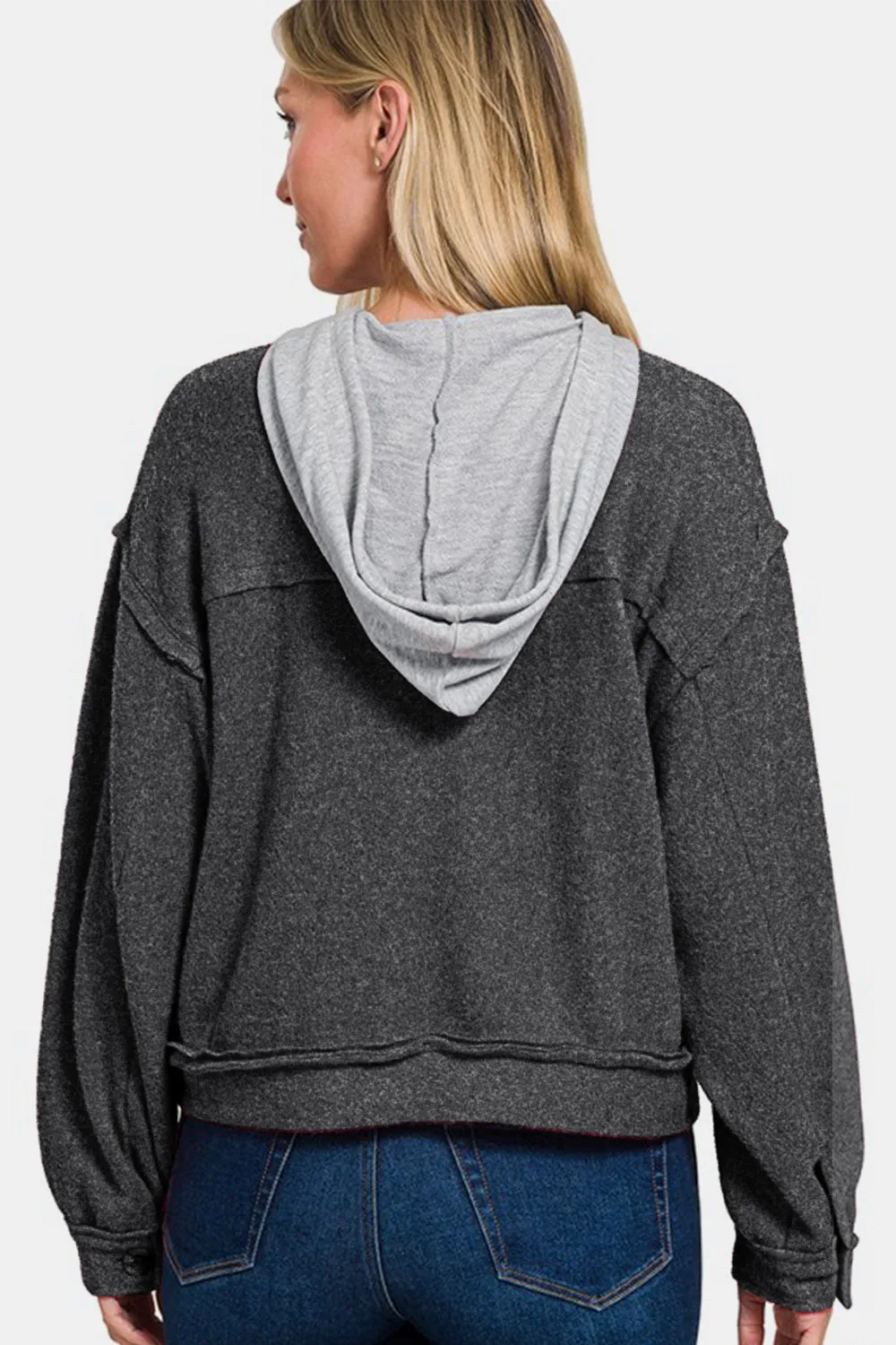 MQTIME  -  Zenana Brushed Hacci Button Down Drawstring Hooded Shacket