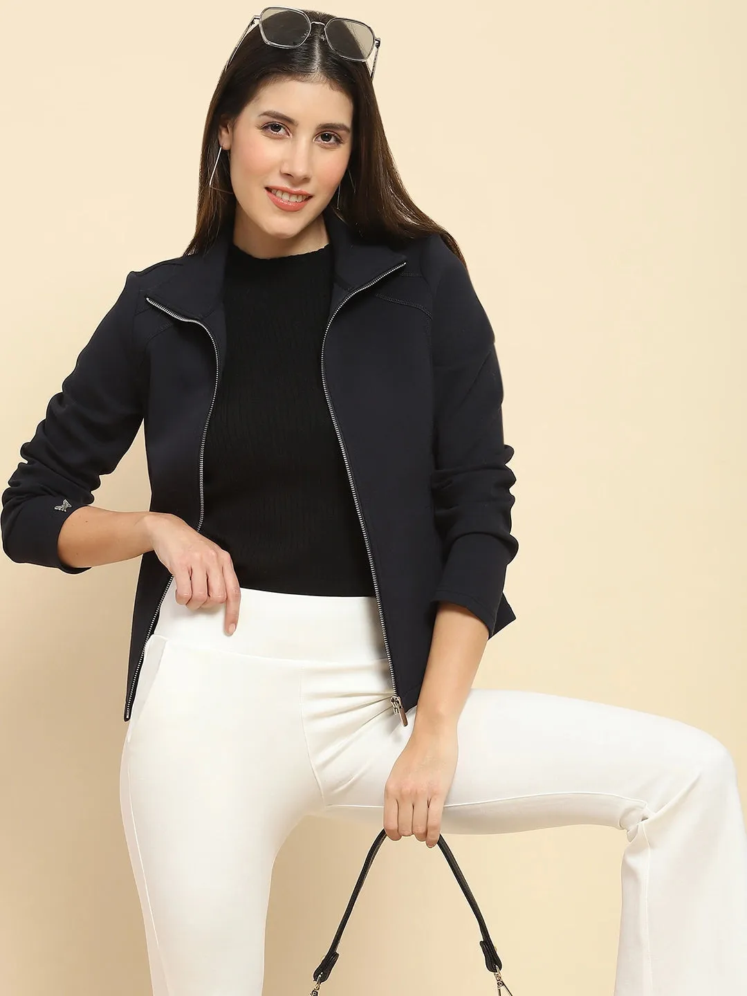 Navy Blue Poly Blend Solid Relaxed Fit Sweatshirt