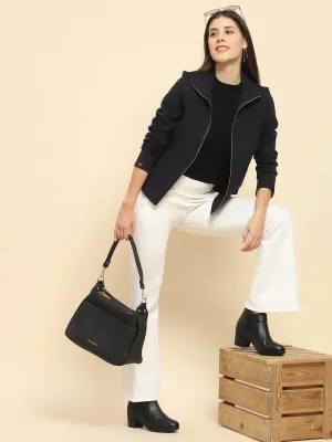 Navy Blue Poly Blend Solid Relaxed Fit Sweatshirt