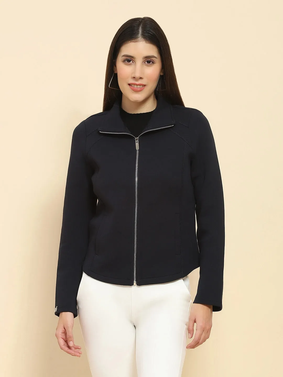 Navy Blue Poly Blend Solid Relaxed Fit Sweatshirt