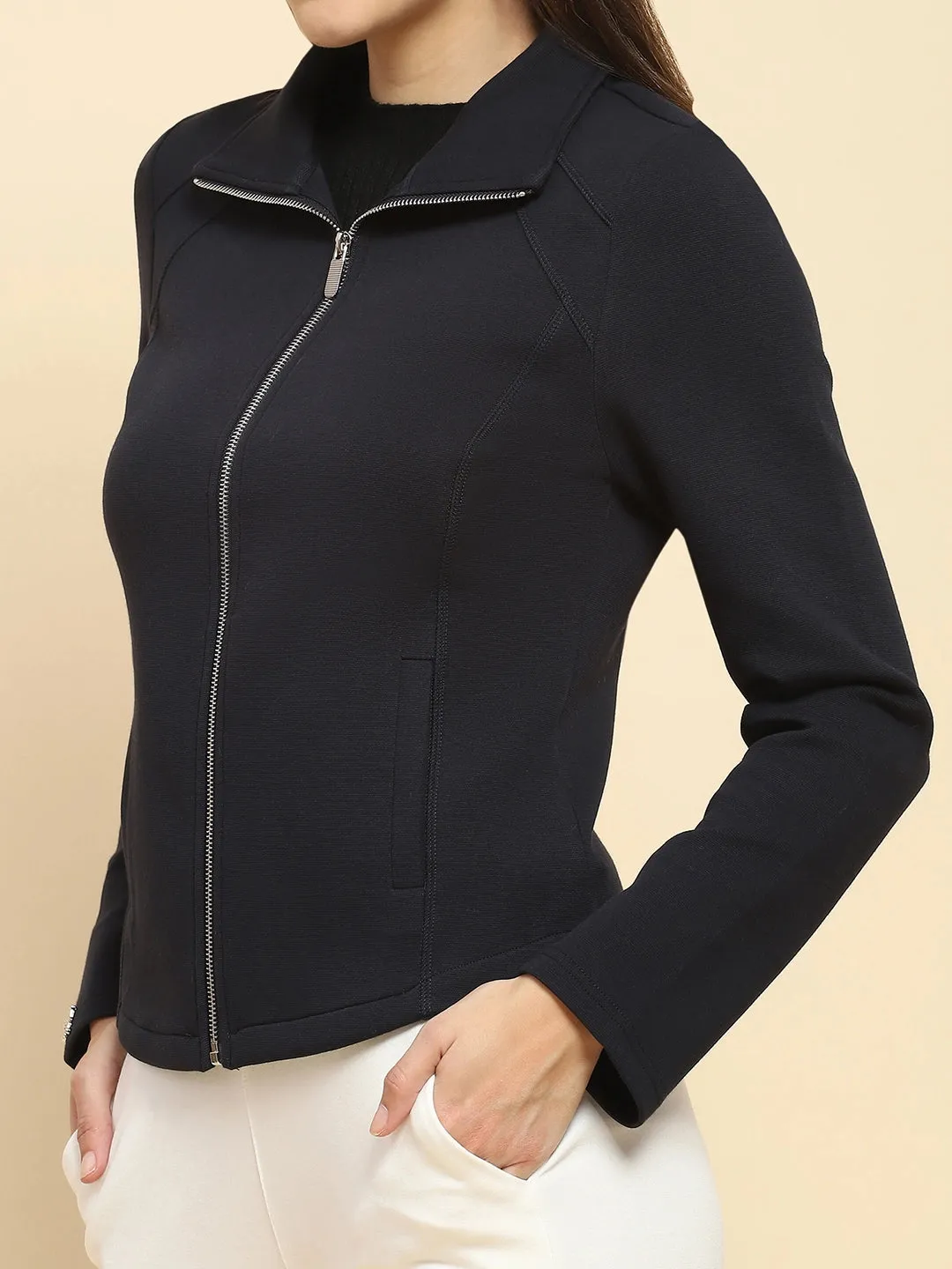 Navy Blue Poly Blend Solid Relaxed Fit Sweatshirt