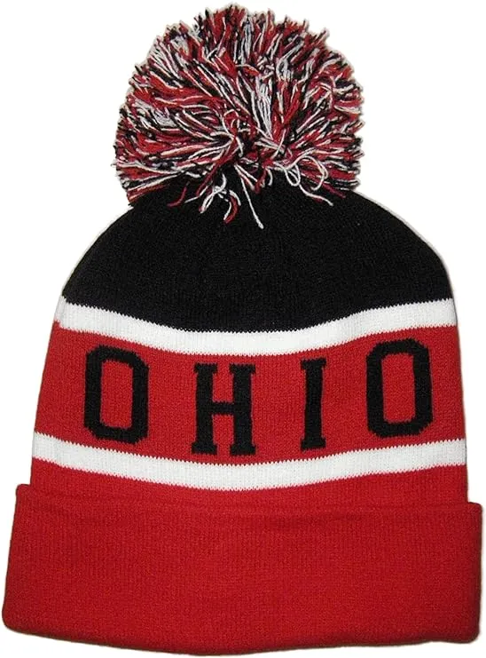 Ohio Wide Stripe Winter Knit Pom Beanie Hat (Black/Red)