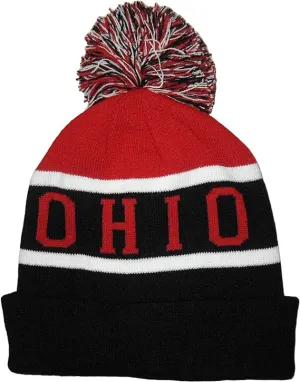 Ohio Wide Stripe Winter Knit Pom Beanie Hat (Red/Black)