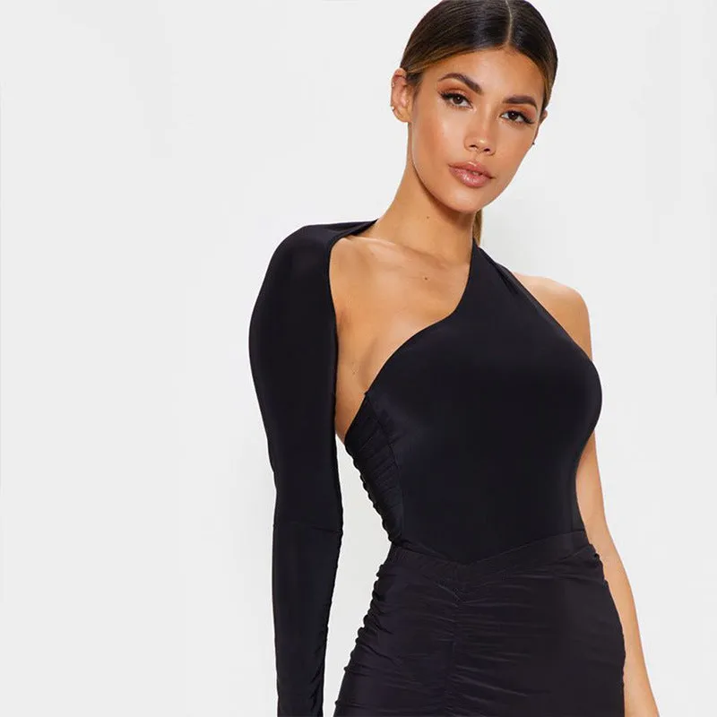 One Shoulder Long Sleeve Bodysuit Slim-Fit Black