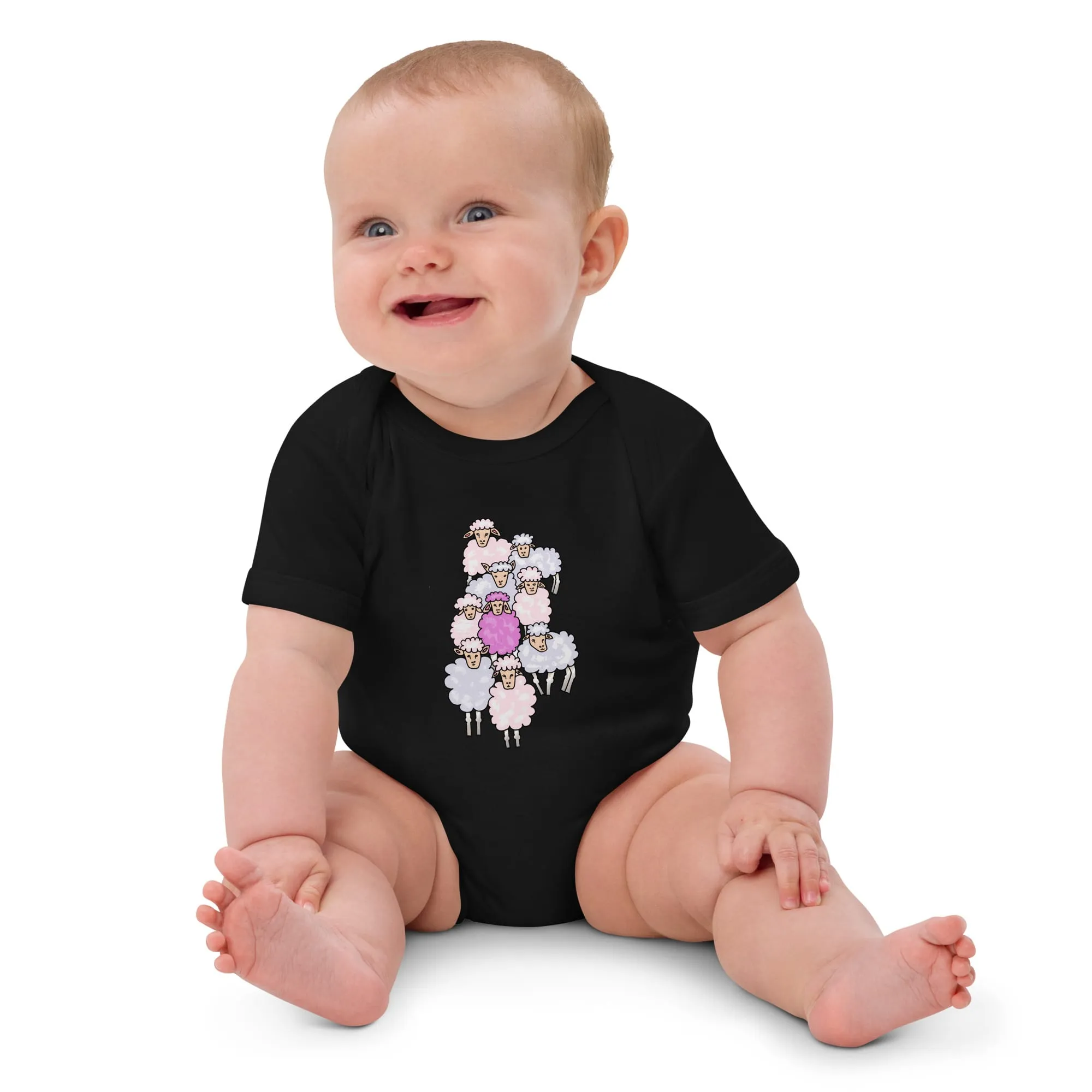 Organic Cotton Baby Girl Bodysuit – Pink Sheep Among the Flock (Natural & Black)
