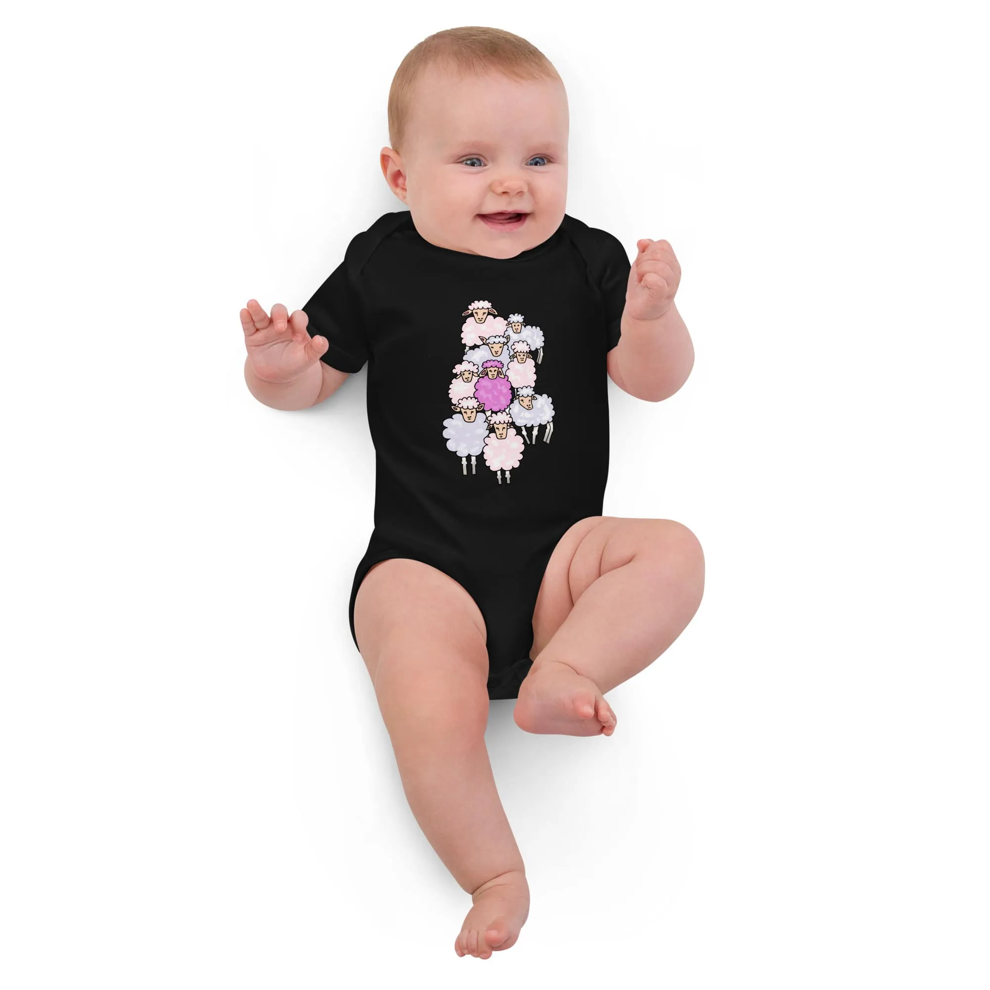 Organic Cotton Baby Girl Bodysuit – Pink Sheep Among the Flock (Natural & Black)