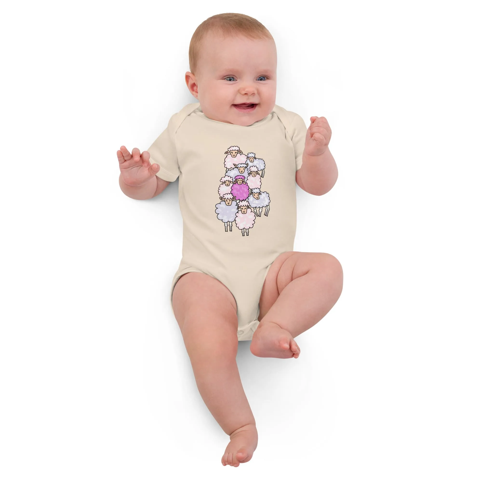Organic Cotton Baby Girl Bodysuit – Pink Sheep Among the Flock (Natural & Black)