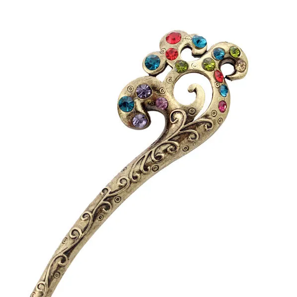 Oriental Pattern Antique Brass Finish Hair Stick with Rhinestones