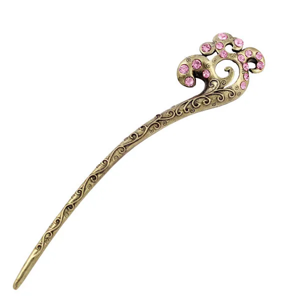 Oriental Pattern Antique Brass Finish Hair Stick with Rhinestones