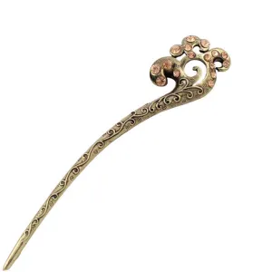 Oriental Pattern Antique Brass Finish Hair Stick with Rhinestones