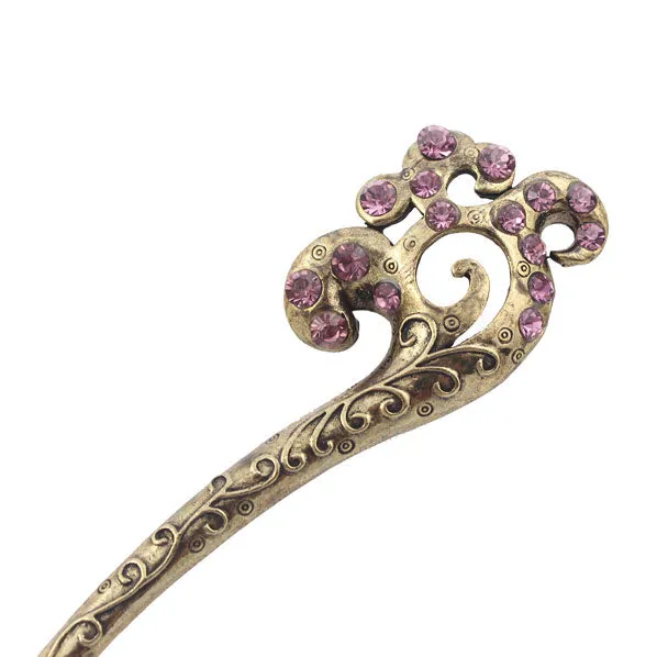 Oriental Pattern Antique Brass Finish Hair Stick with Rhinestones
