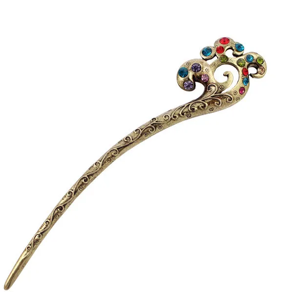 Oriental Pattern Antique Brass Finish Hair Stick with Rhinestones
