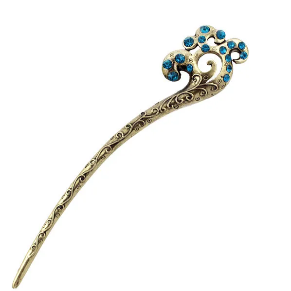 Oriental Pattern Antique Brass Finish Hair Stick with Rhinestones
