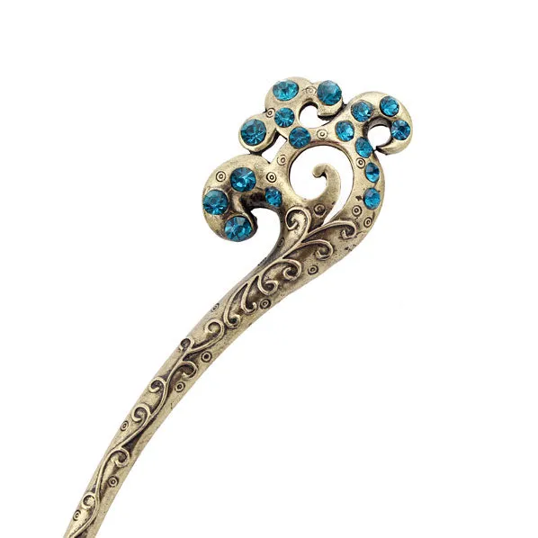 Oriental Pattern Antique Brass Finish Hair Stick with Rhinestones