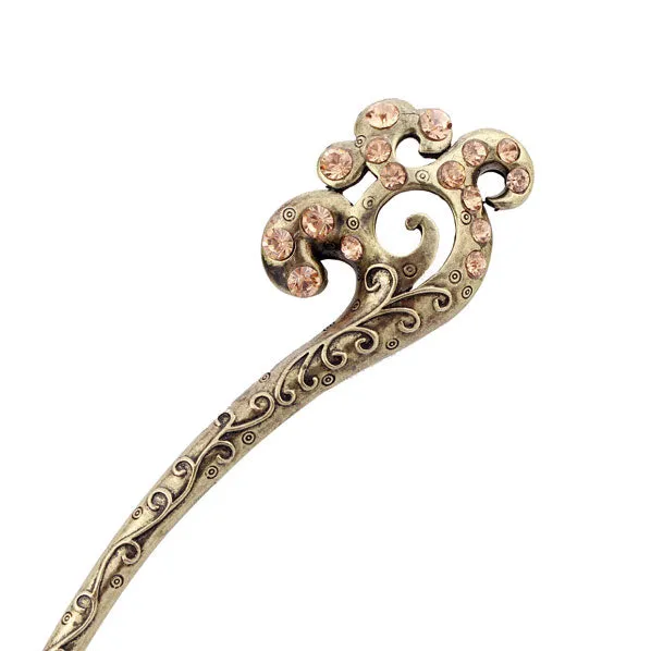 Oriental Pattern Antique Brass Finish Hair Stick with Rhinestones