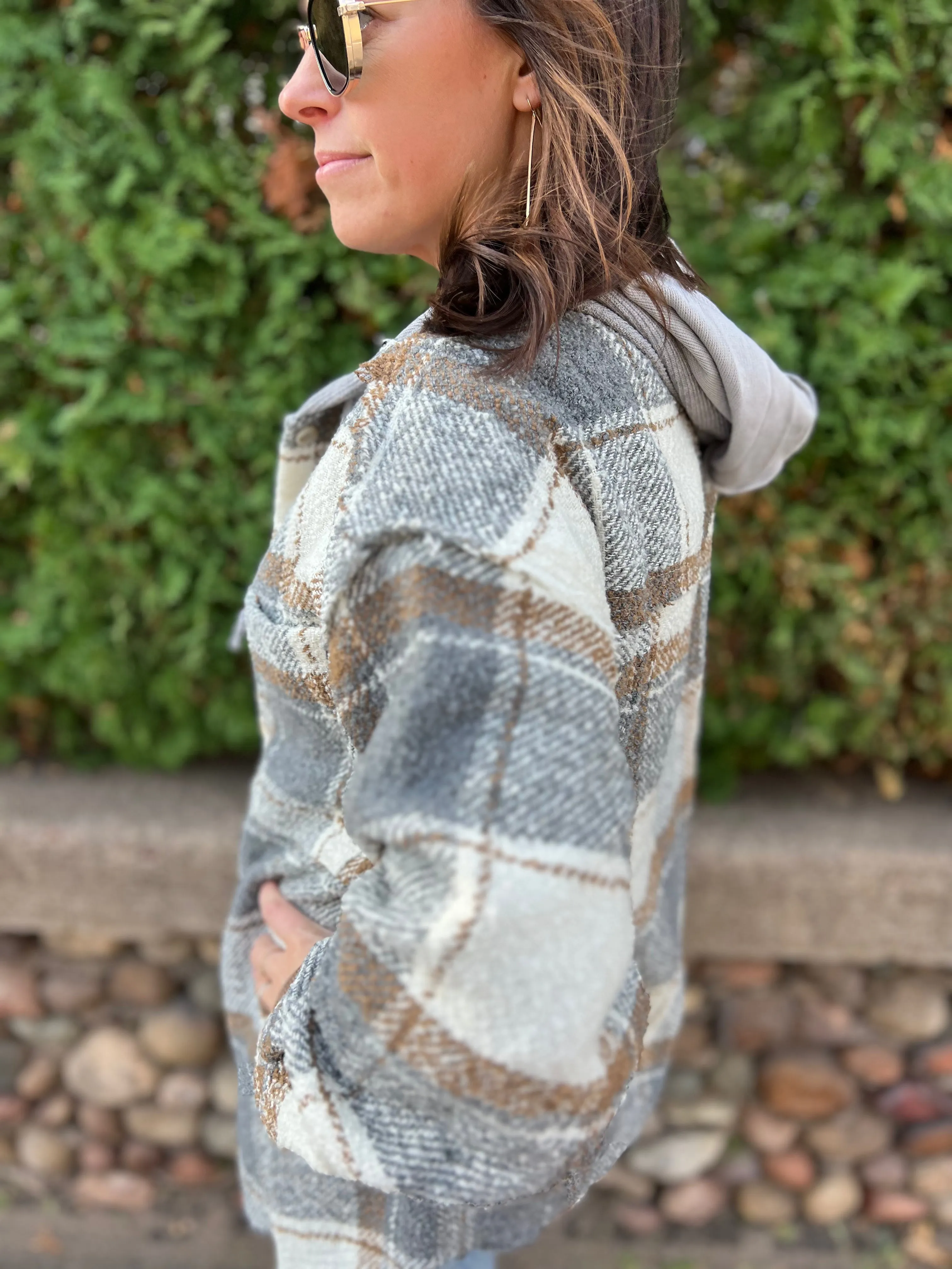 Oversized Plaid Casual Hoodie Shacket