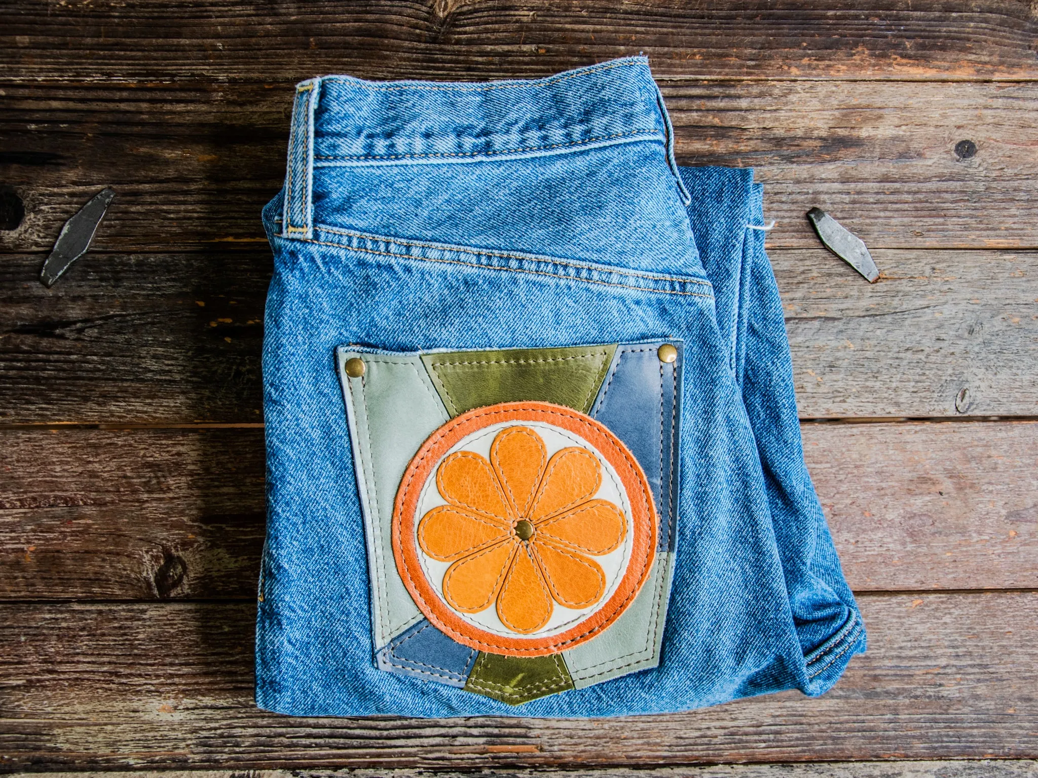 Patchwork denim | LEVIS size 29 rigid ribcage straight | The Krista Flower Power Pants | #13