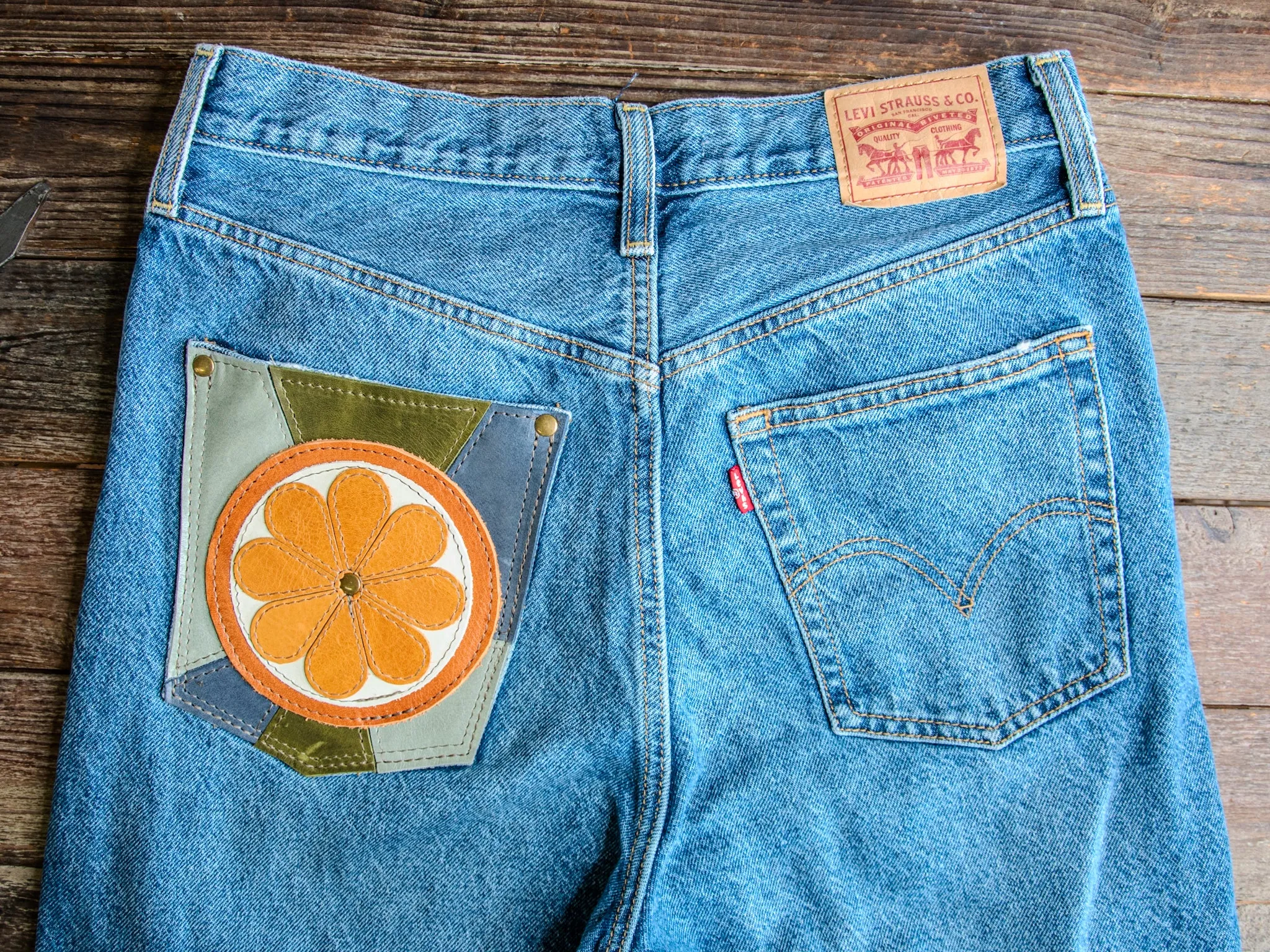 Patchwork denim | LEVIS size 29 rigid ribcage straight | The Krista Flower Power Pants | #13