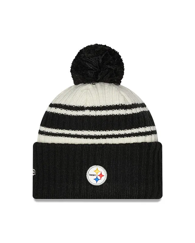 Pittsburgh Steelers New Era 2022 Sideline - Sport Cuffed Pom Knit Hat - Cream/Black