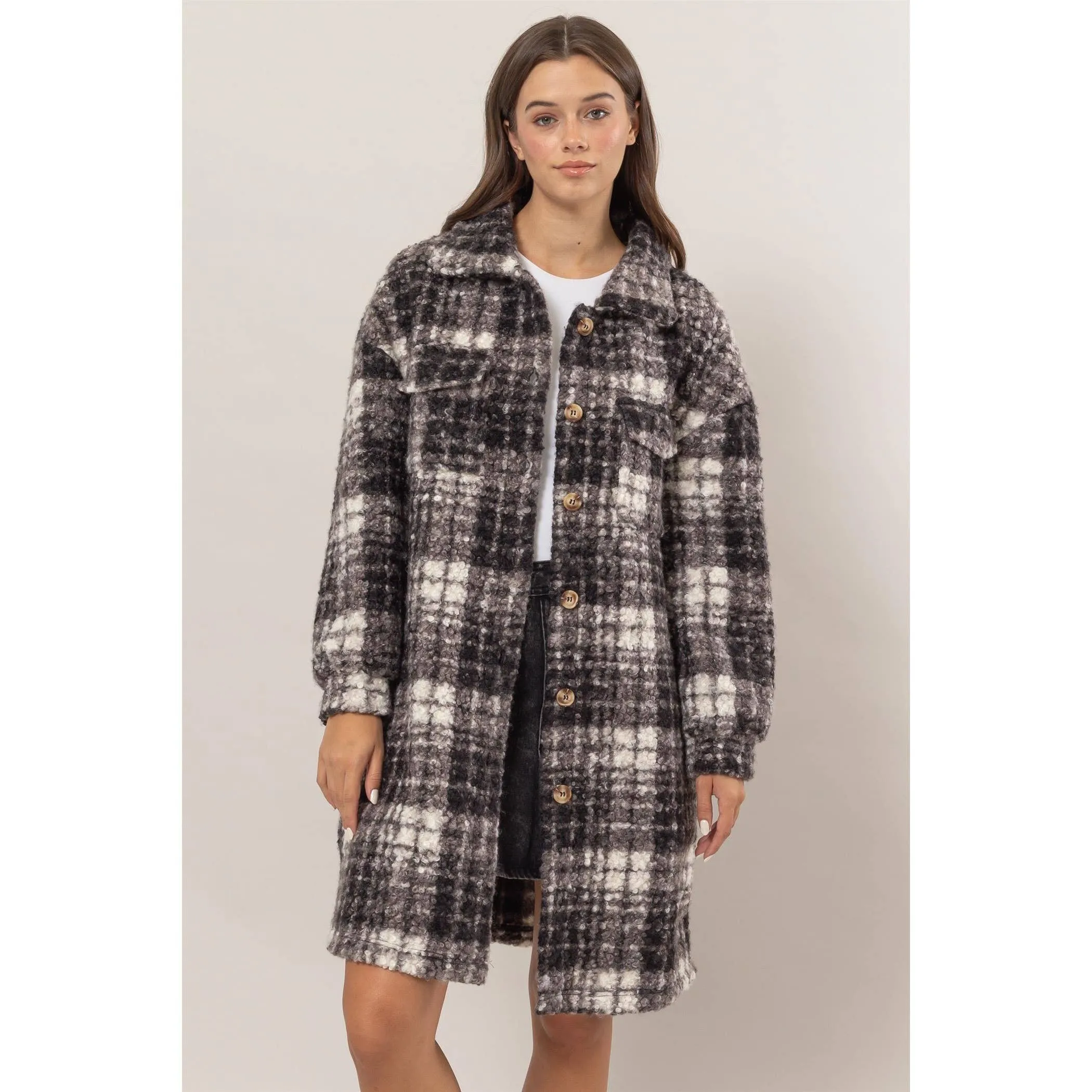 Plaid Boucle Longline Shacket