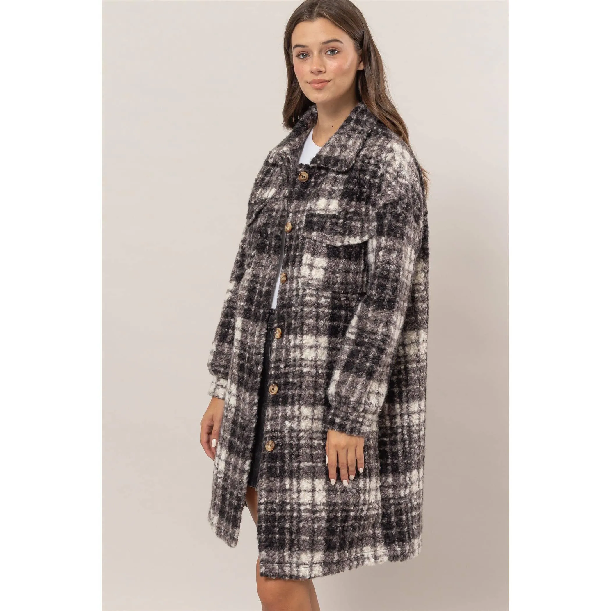 Plaid Boucle Longline Shacket