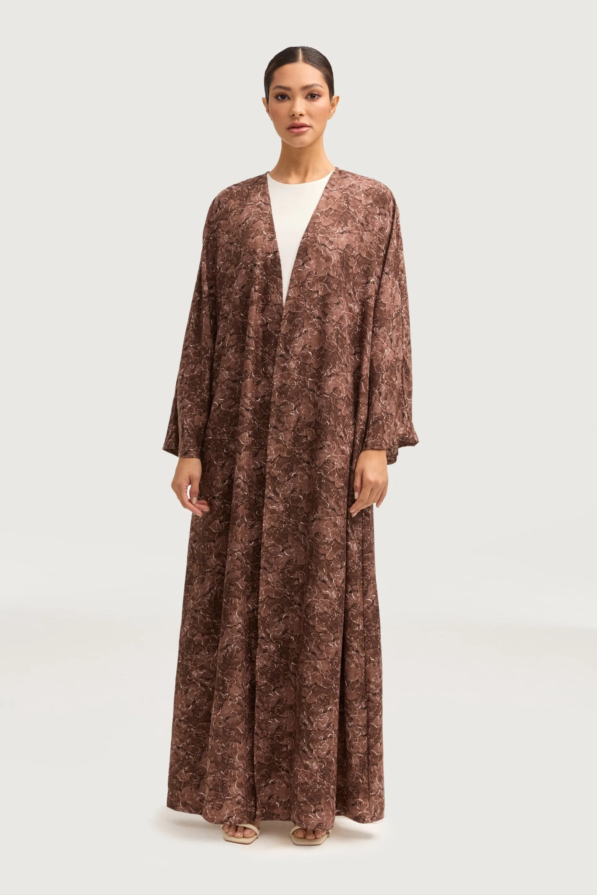 Printed Open Abaya - Brown