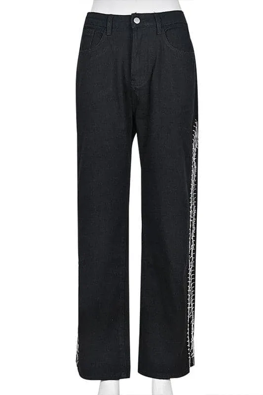 PZ470 Rhinestones Fringes Long Jeans