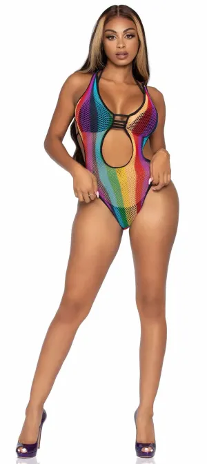 Rainbow Fishnet Cut Out Bodysuit With Strappy Bikini Back