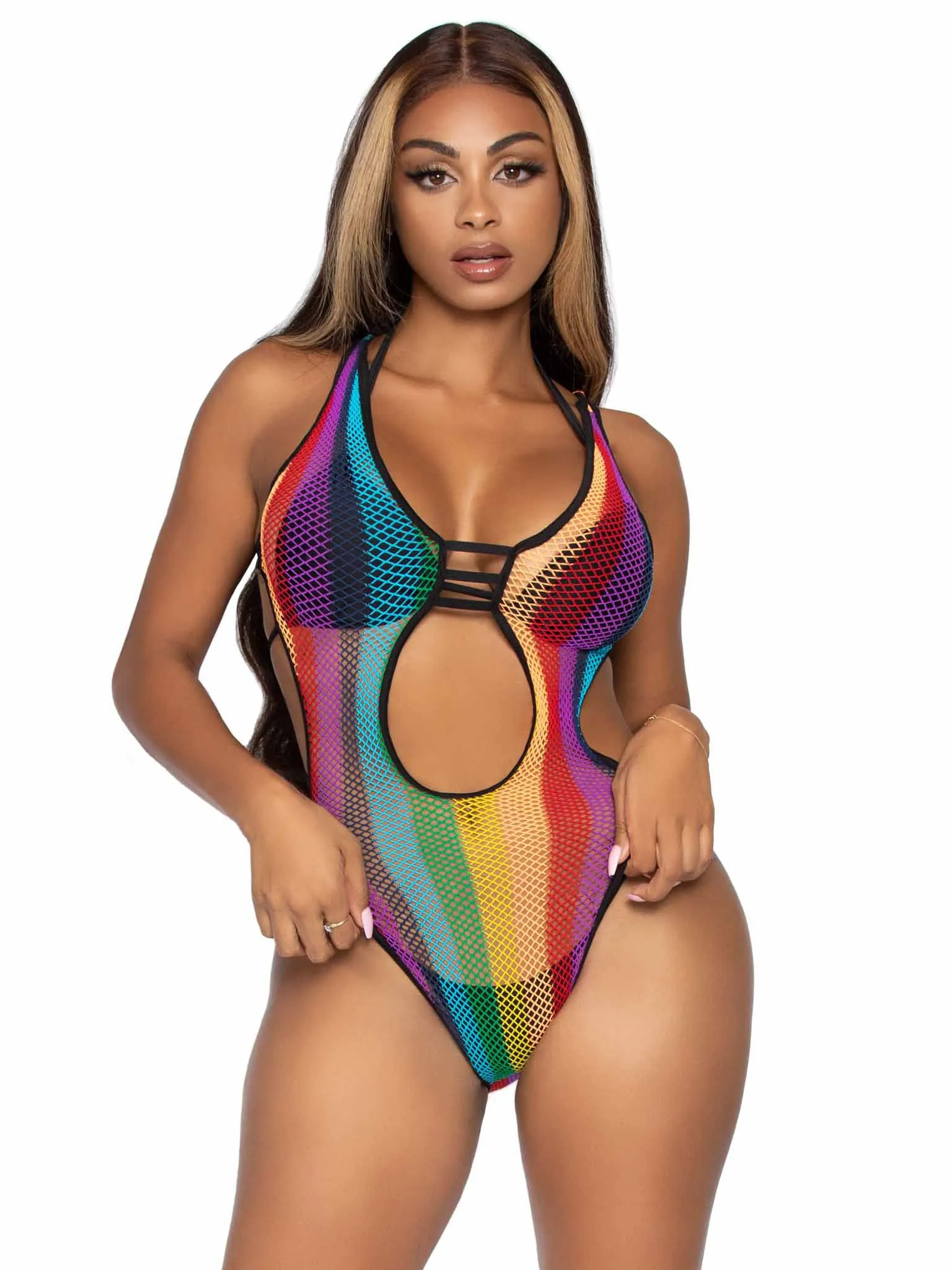 Rainbow Fishnet Cut Out Bodysuit With Strappy Bikini Back