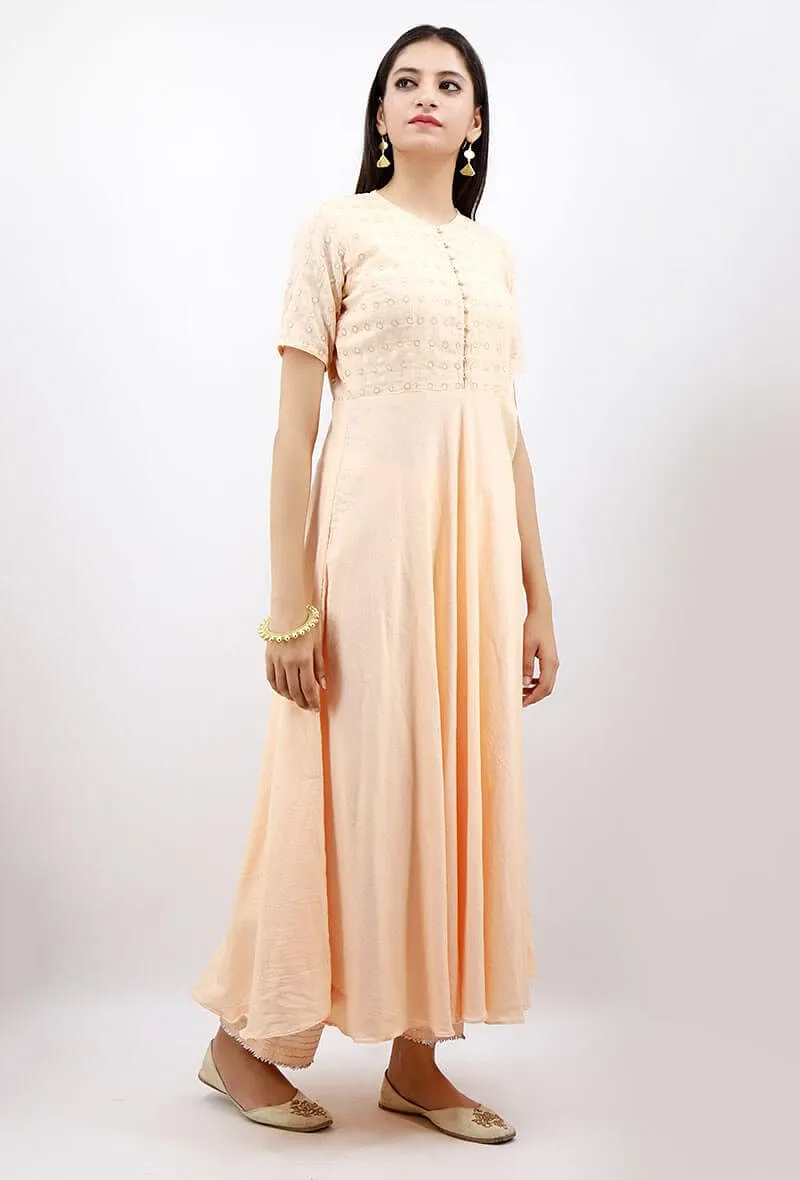 Rajifa A-line Peach Cotton Kurta With Zari Embroidery