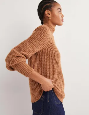 Ribbed Fluffy High Neck Jumper-Butterscotch Brown Melange
