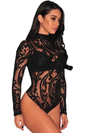 Romantic Lace Long Sleeve Black Bodysuit