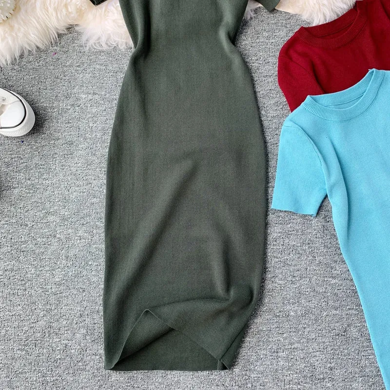 Round Neck Stretch Knitted Tight-fitting Hip Dress